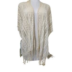 Chico’s Ivory Crochet Lace Fringe Kimono Cardigan OS